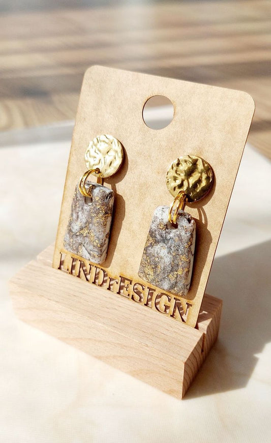 Rectangle Dangle Earrings – Grey Marble with Gold Leaf
