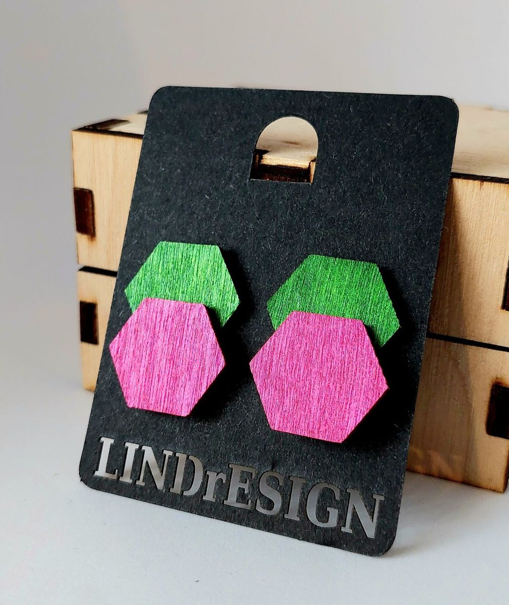 Double Hexagon Stud Earrings – Green & Pink