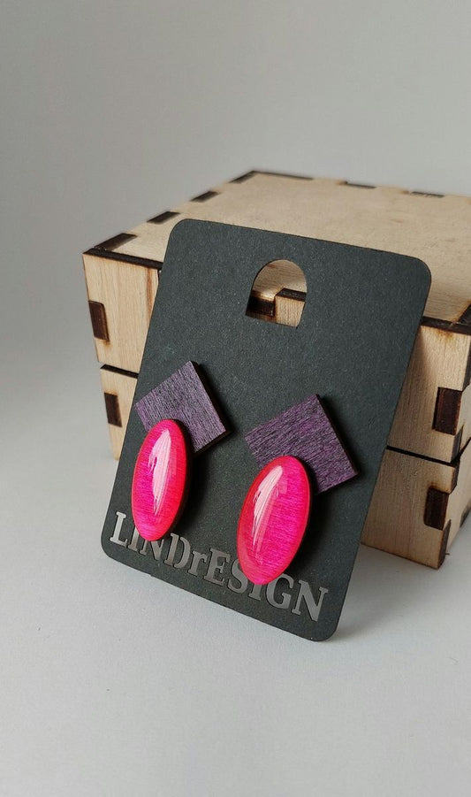 Square & Oval Stud Earrings – Purple & Hot Pink