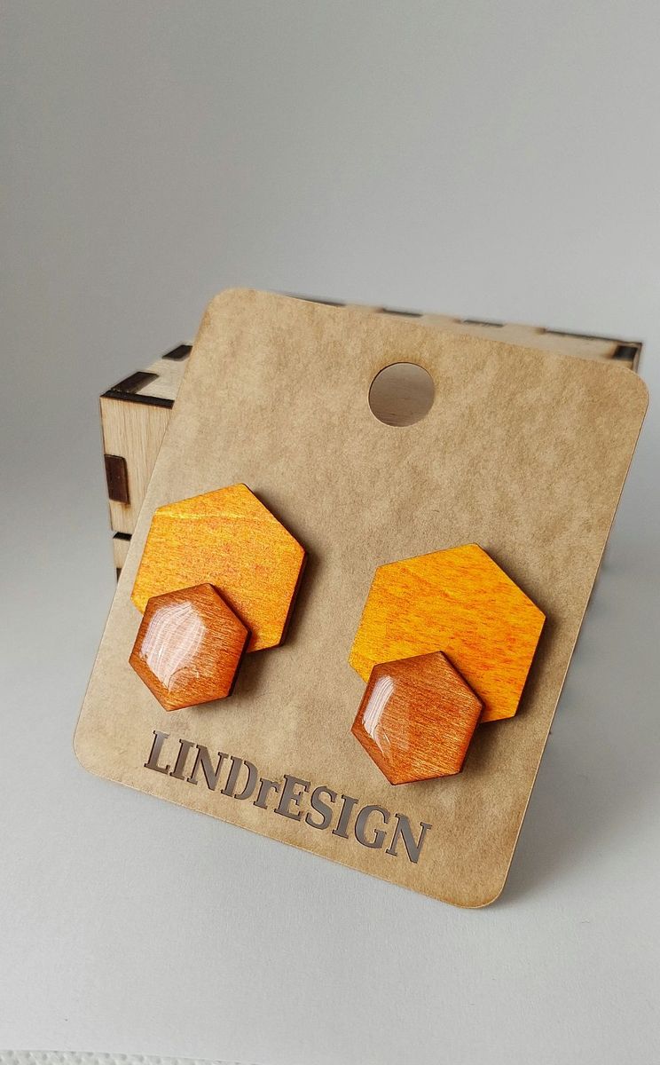 Double Hexagon Stud Earrings – Yellow & Orange Marbled