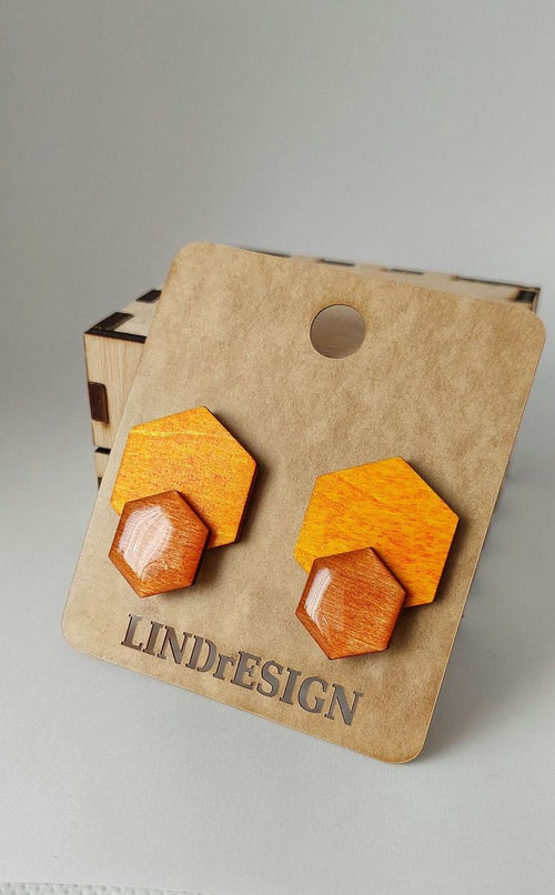 Double Hexagon Stud Earrings – Yellow & Orange Marbled
