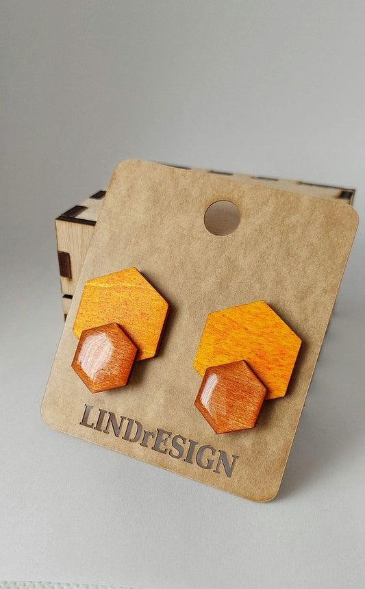 Double Hexagon Stud Earrings – Yellow & Orange Marbled
