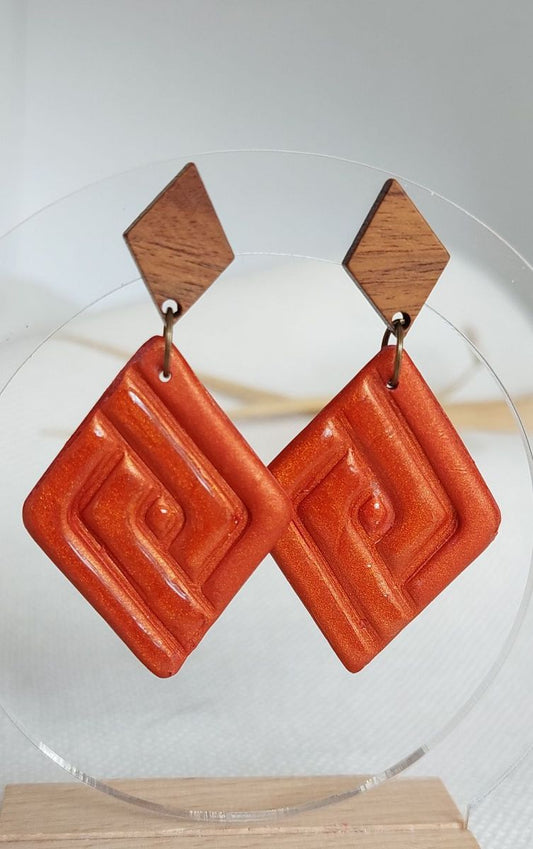 Diamond Dangle Earrings – Copper Geometric with Wood