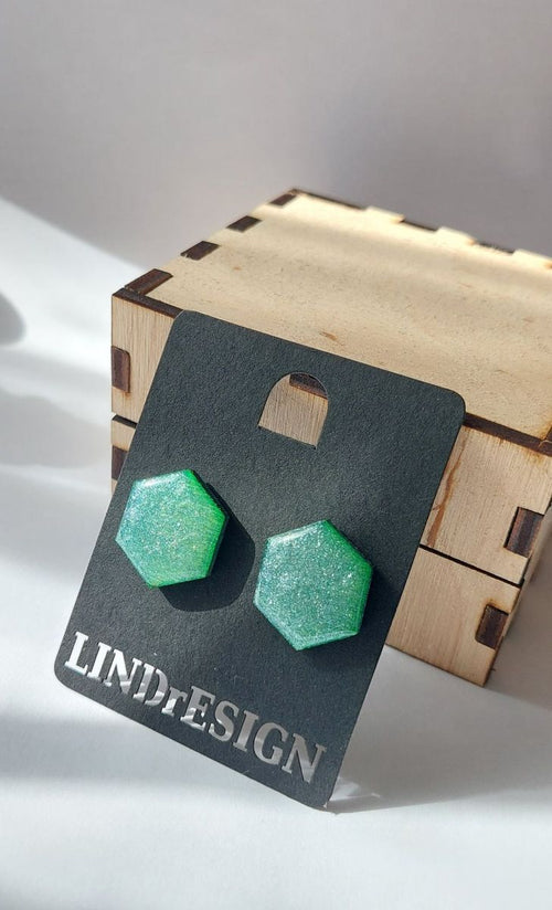 Hexagon Stud Earrings – Green Glitter Shimmer