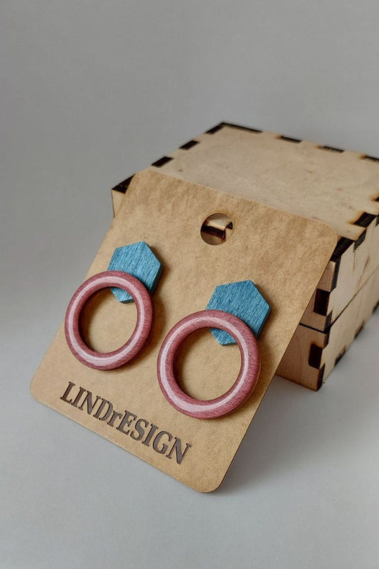 Hexagon & Open Circle Stud Earrings – Teal & Dusty Rose
