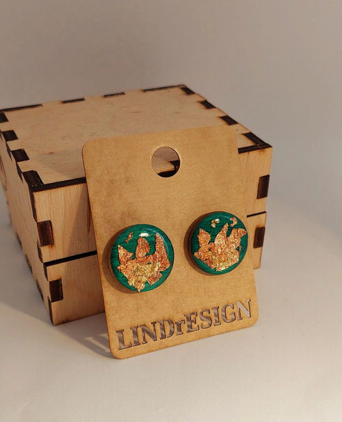 Round Stud Earrings – Teal & Gold Leaf