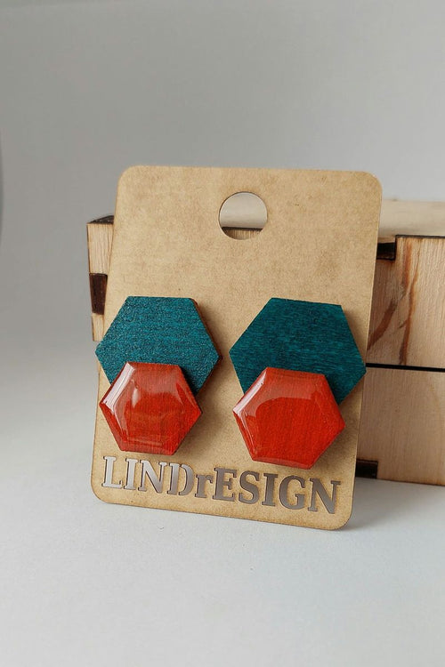 Double Hexagon Stud Earrings – Teal & Burnt Orange