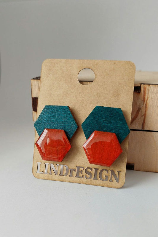 Double Hexagon Stud Earrings – Teal & Burnt Orange