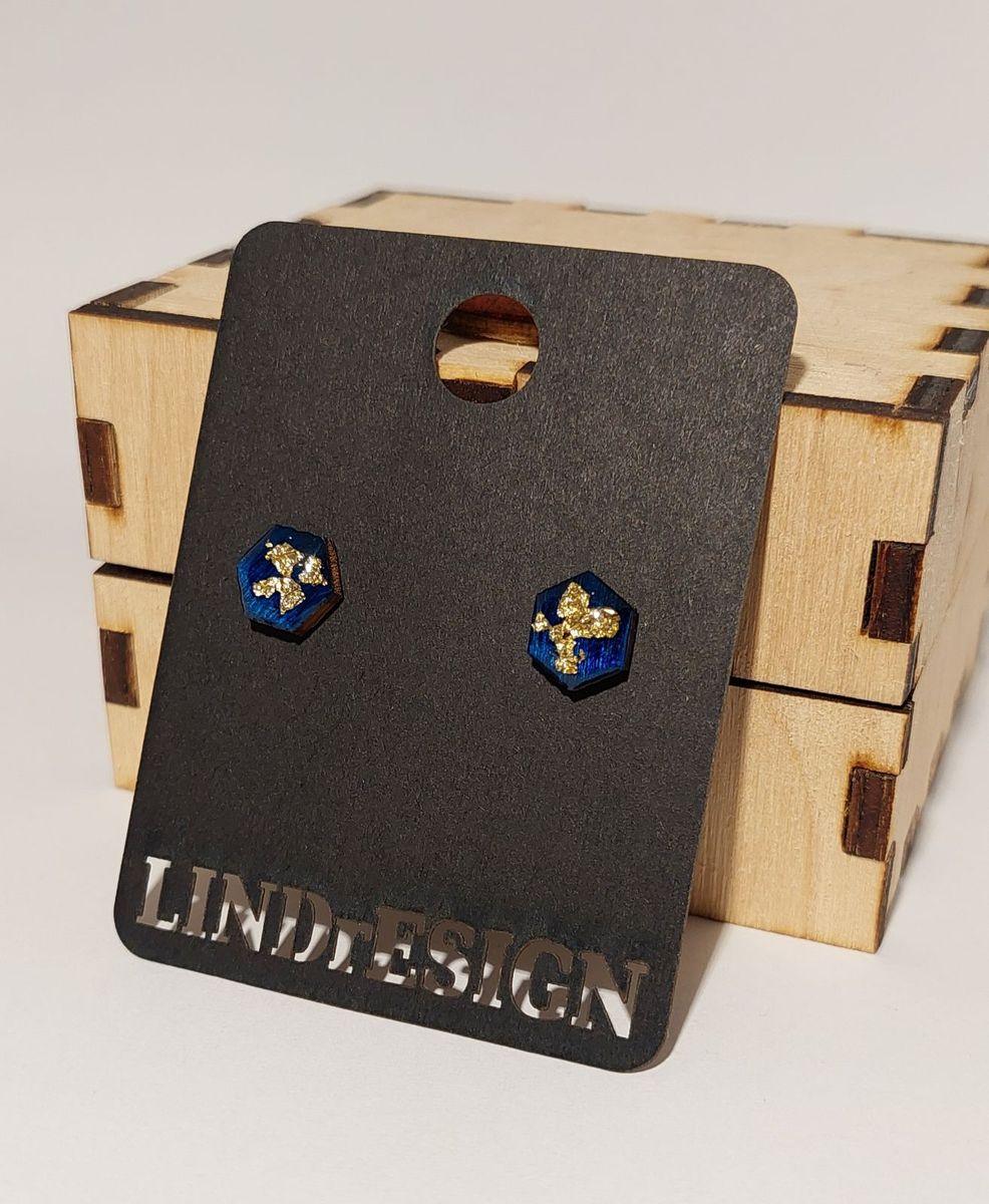 Hexagon Stud Earrings – Royal Blue & Gold Leaf