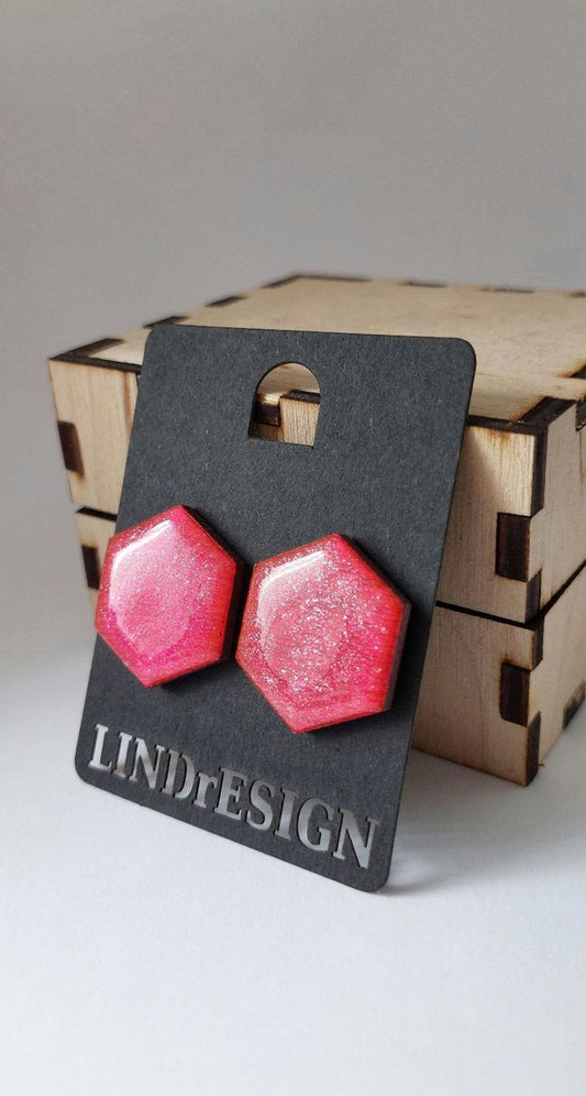 Hexagon Stud Earrings – Pink Glitter Shimmer