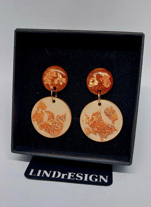 Round Dangle Earrings – Natural Wood & Copper Leaf