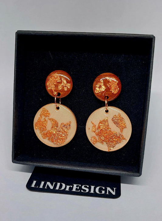 Round Dangle Earrings – Natural Wood & Copper Leaf