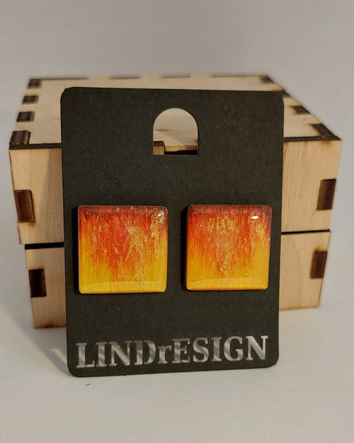 Square Stud Earrings – Sunset Gradient & Gold Leaf