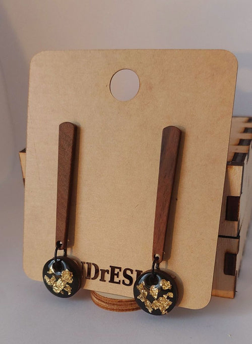 Bar Dangle Earrings – Black & Gold Leaf