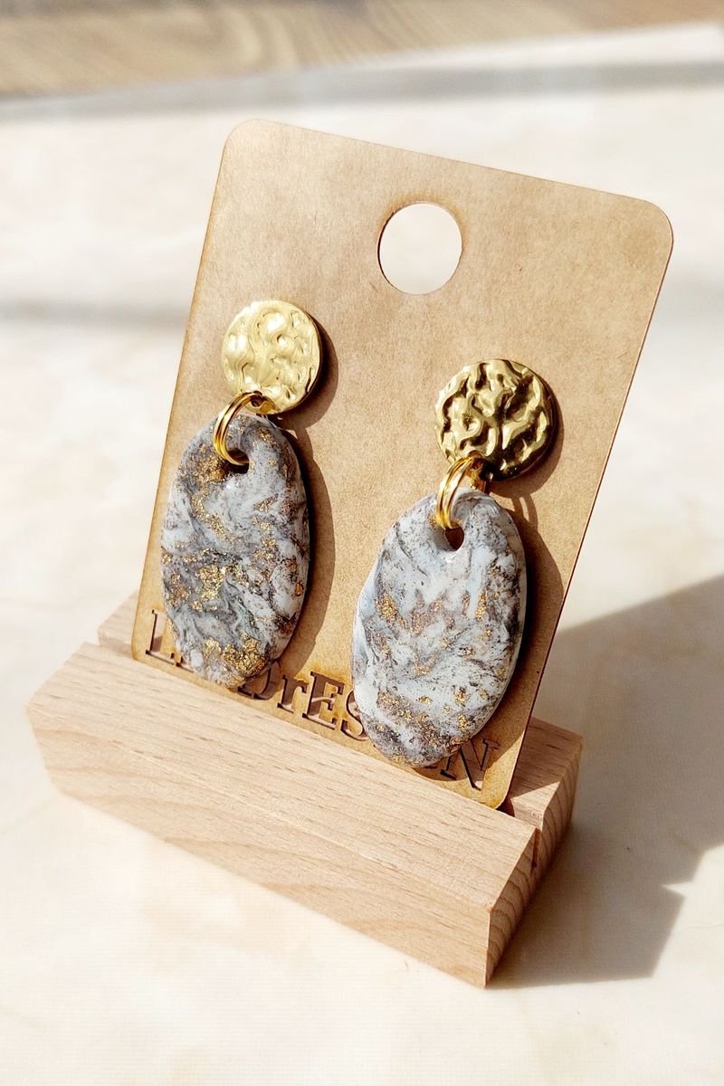 Organic Oval Earrings – Grey Marble with Gold Leaf