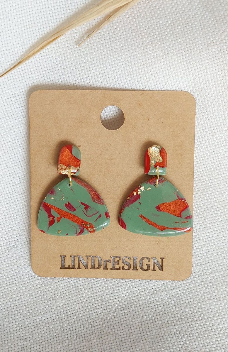 Triangle Dangle Earrings – Sage & Copper with Gold Leaf