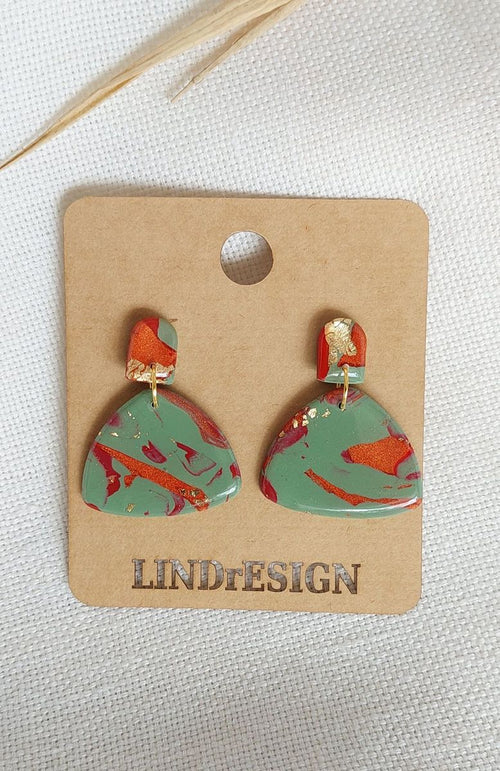 Triangle Dangle Earrings – Sage & Copper with Gold Leaf