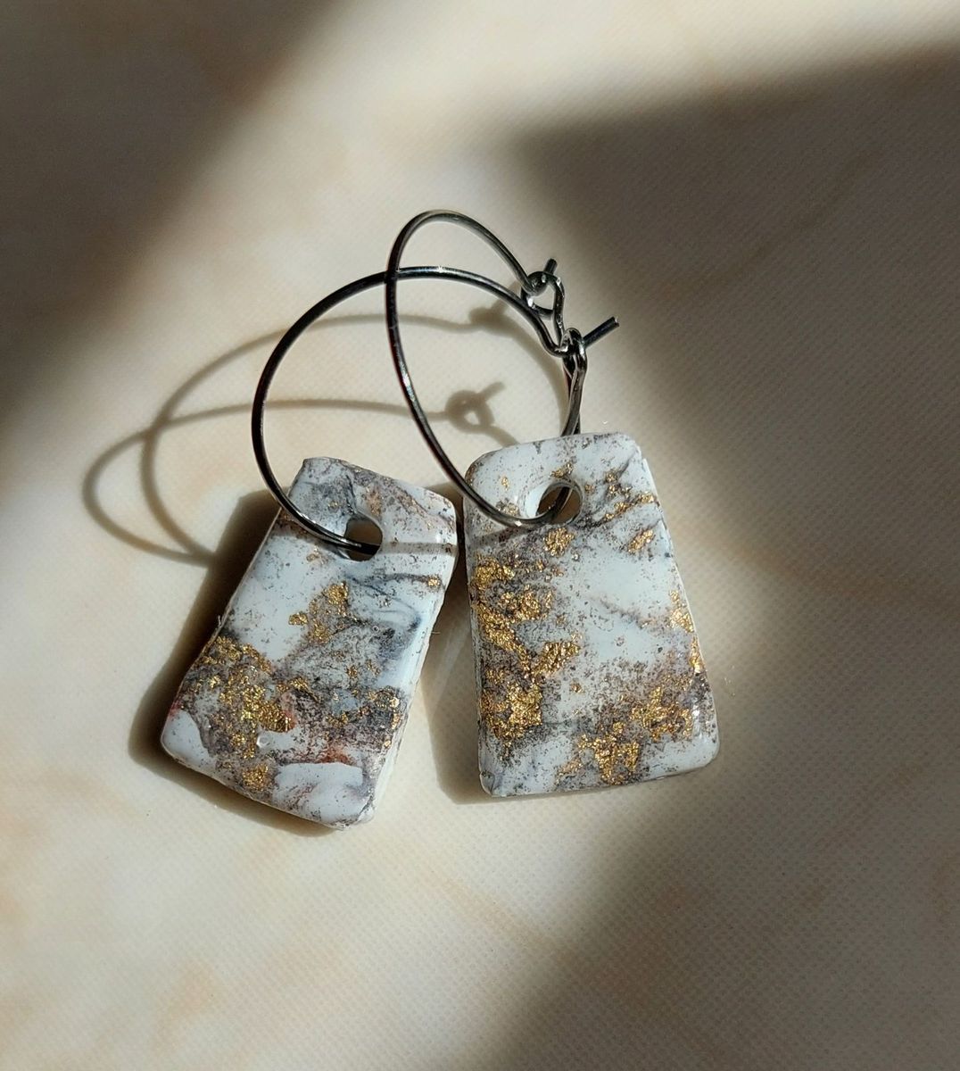 Rectangle Hoop Earrings – White Marble with Gold Leaf