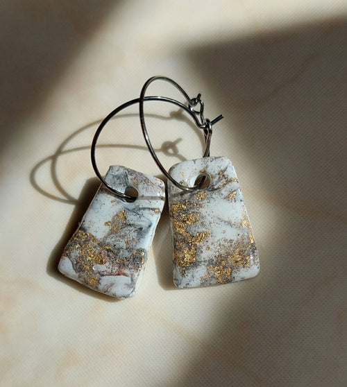 Rectangle Hoop Earrings – White Marble with Gold Leaf