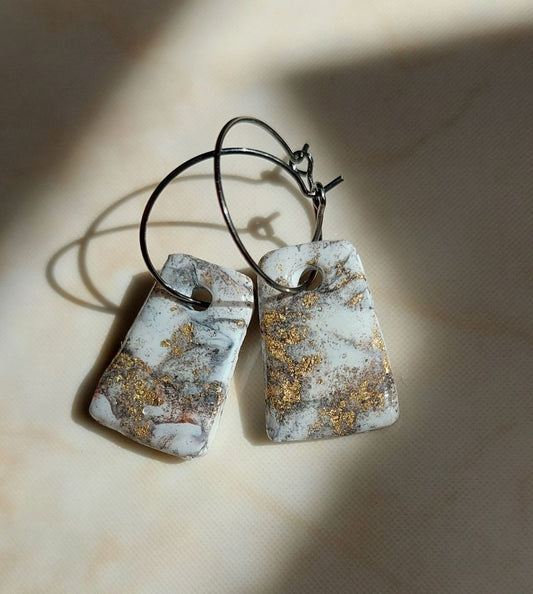 Rectangle Hoop Earrings – White Marble with Gold Leaf