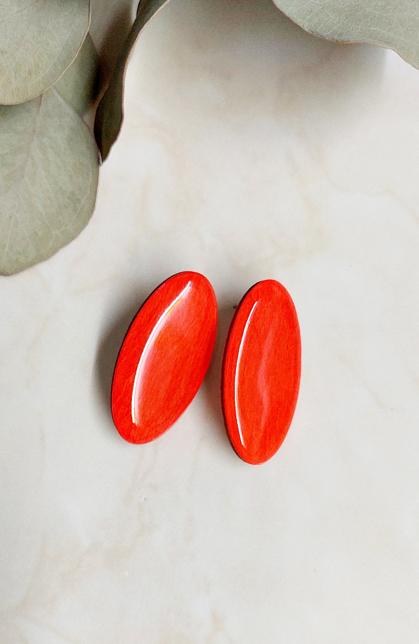 Wooden Stud Oval Earrings- Bright Red