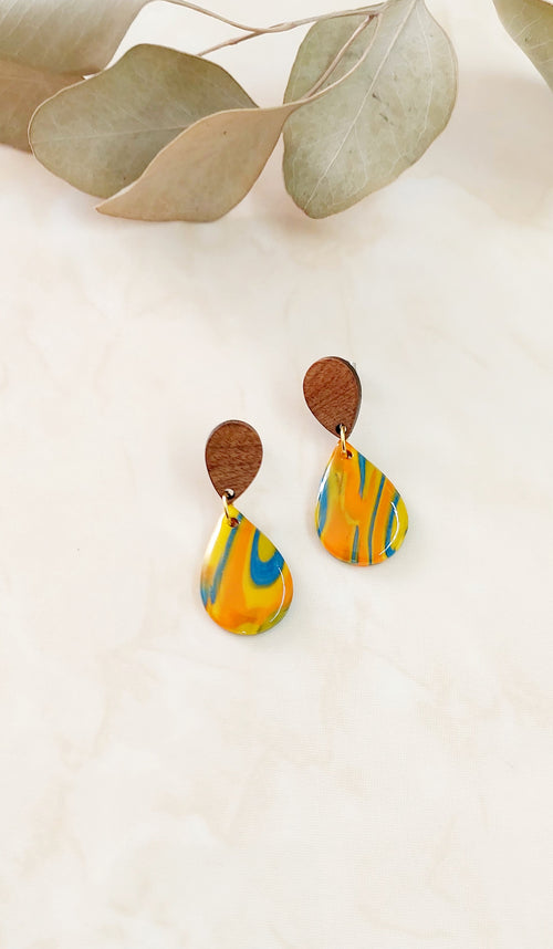 Dangle Drop Shape Polymer Clay Earrings- Yellow, Orange, Blue With Wood