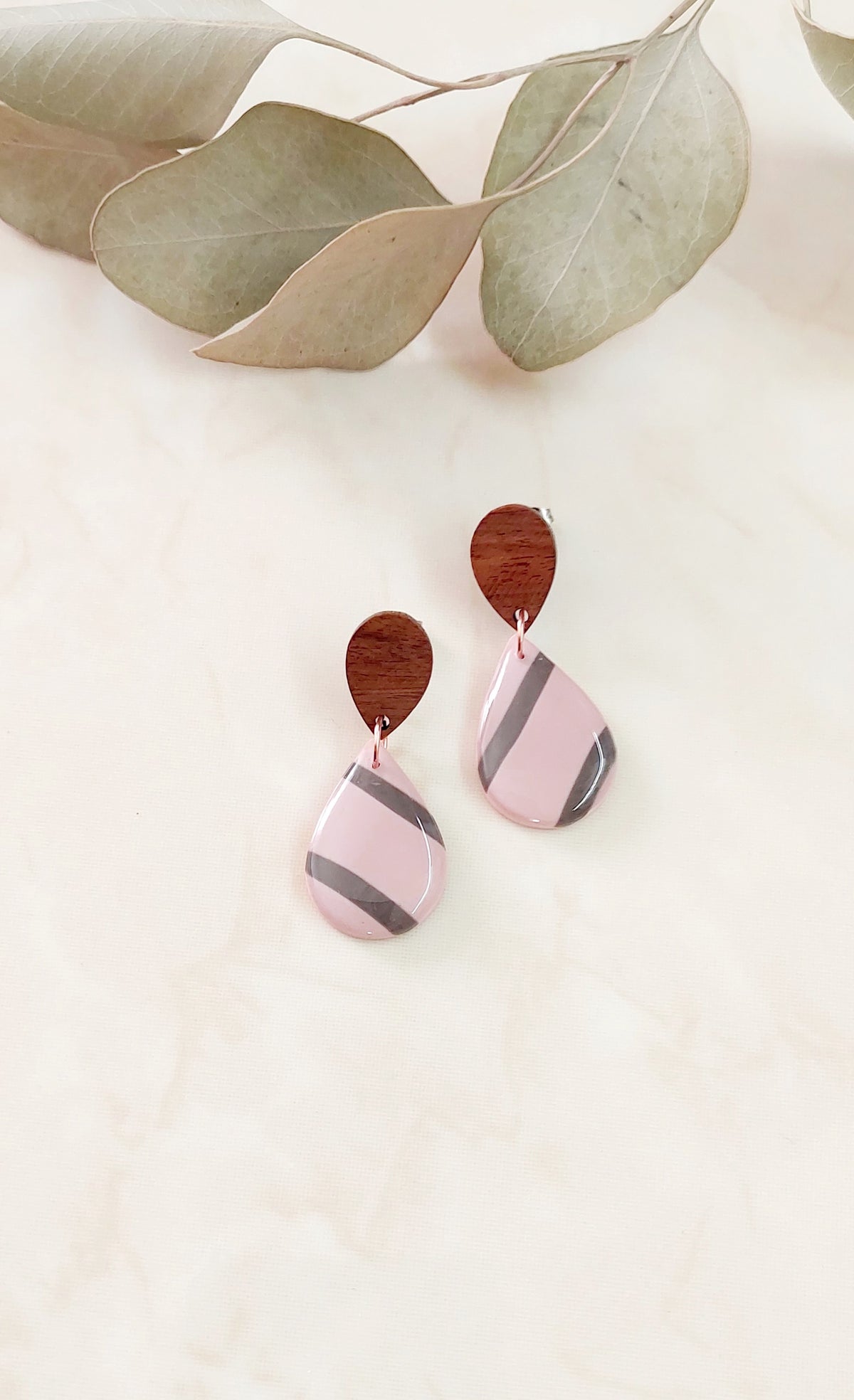 Drop Shape Dangle Polymer Clay Earrings- Pink &Grey Striped With Wood