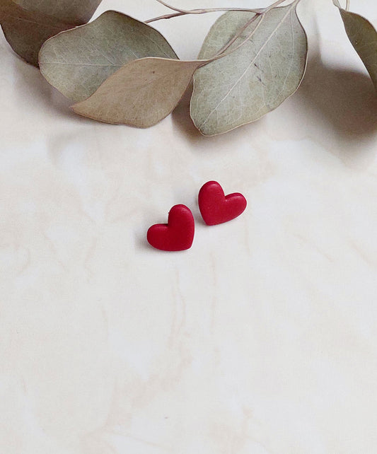 Heart Shape Polymer Clay Stud Earrings - Red With Golden Sparkle