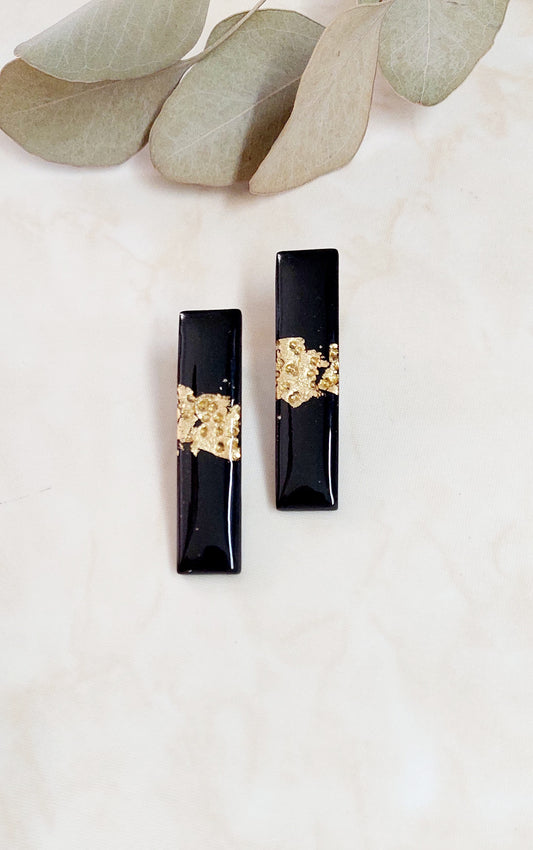 Handmade Polymer Clay Stud Earrings - Black & Gold