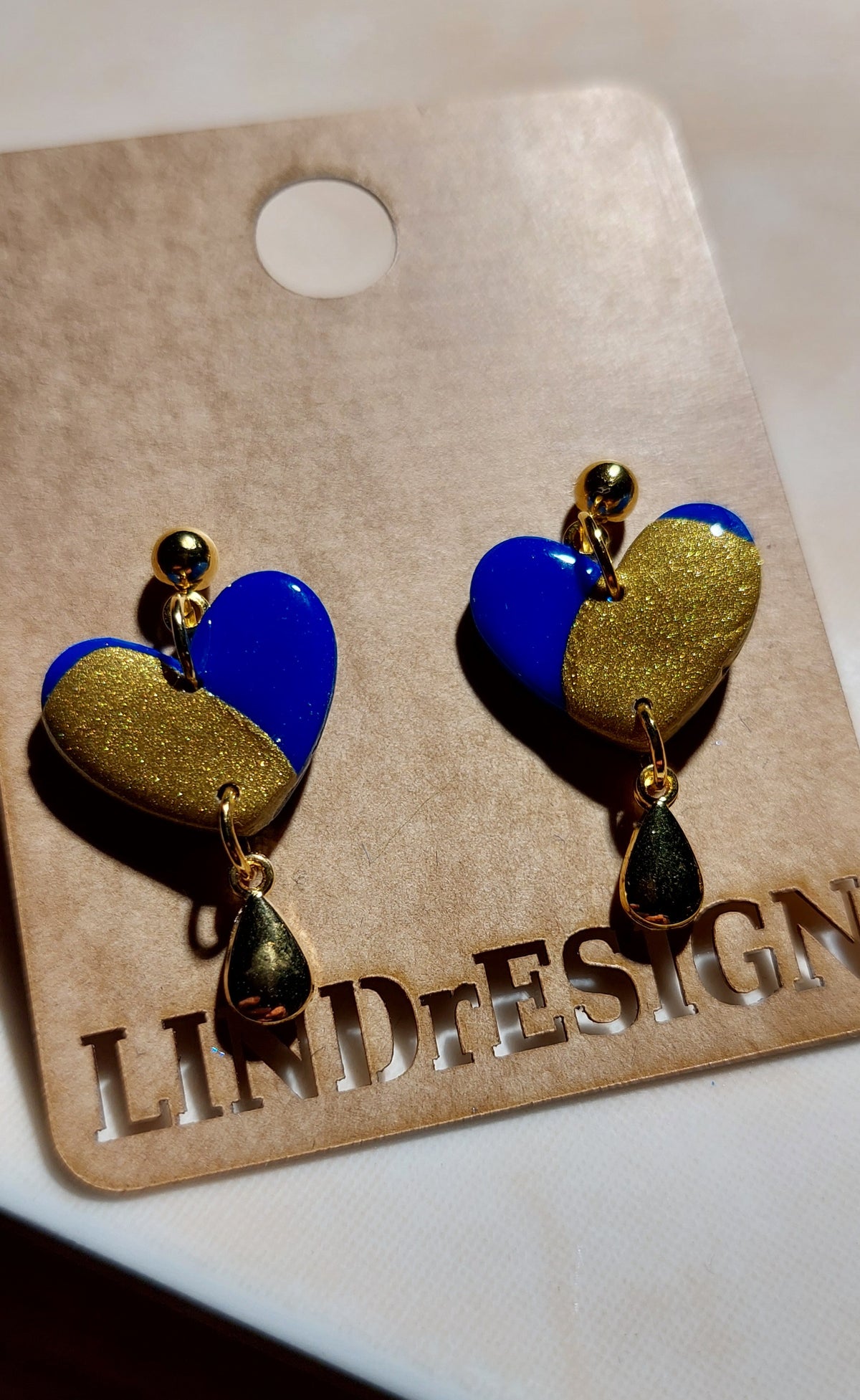 Heart-Shaped Polymer Clay Earrings- Blue & Gold With Golden Accents