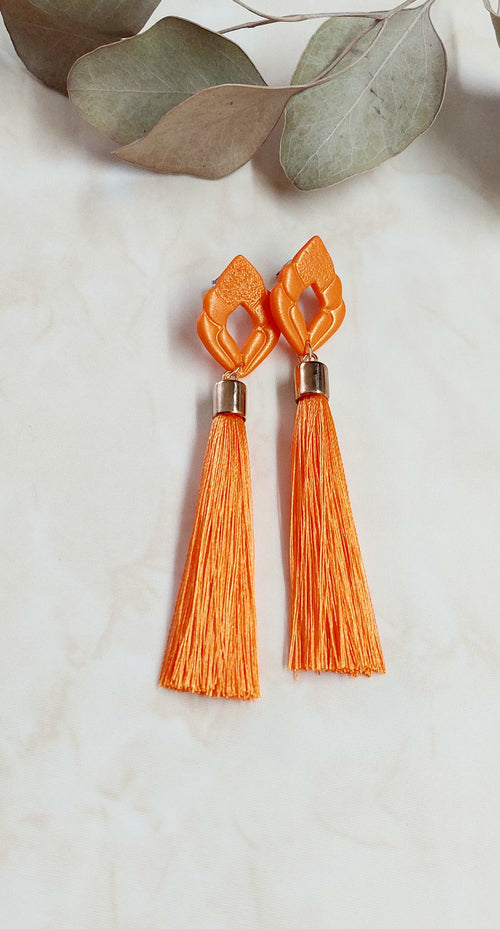 Handmade Polymer Clay Earrings With Silky Tassels- Orange With Golden Accents