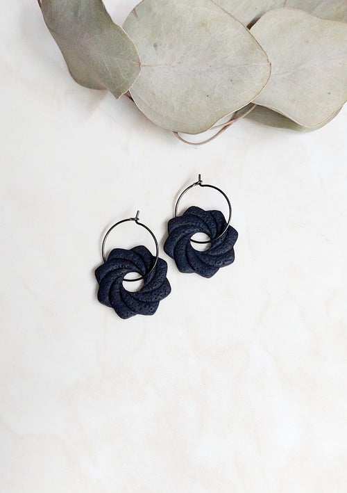 Handmade Dangle Polymer Clay Earrings- Black With Black Hoops