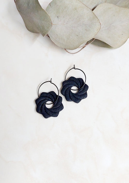 Handmade Dangle Polymer Clay Earrings- Black With Black Hoops