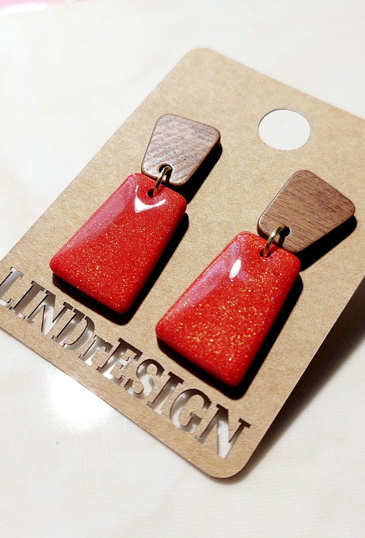 Dangle Polymer Clay Earrings- Red With Golden Sparkle & Wood