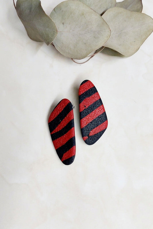 Handmade Stud Polymer Clay Earrings- Black & Red Striped