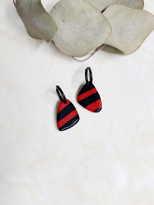 Handmade Dangle Polymer Clay Earrings- Black & Red Striped With Black Hoops