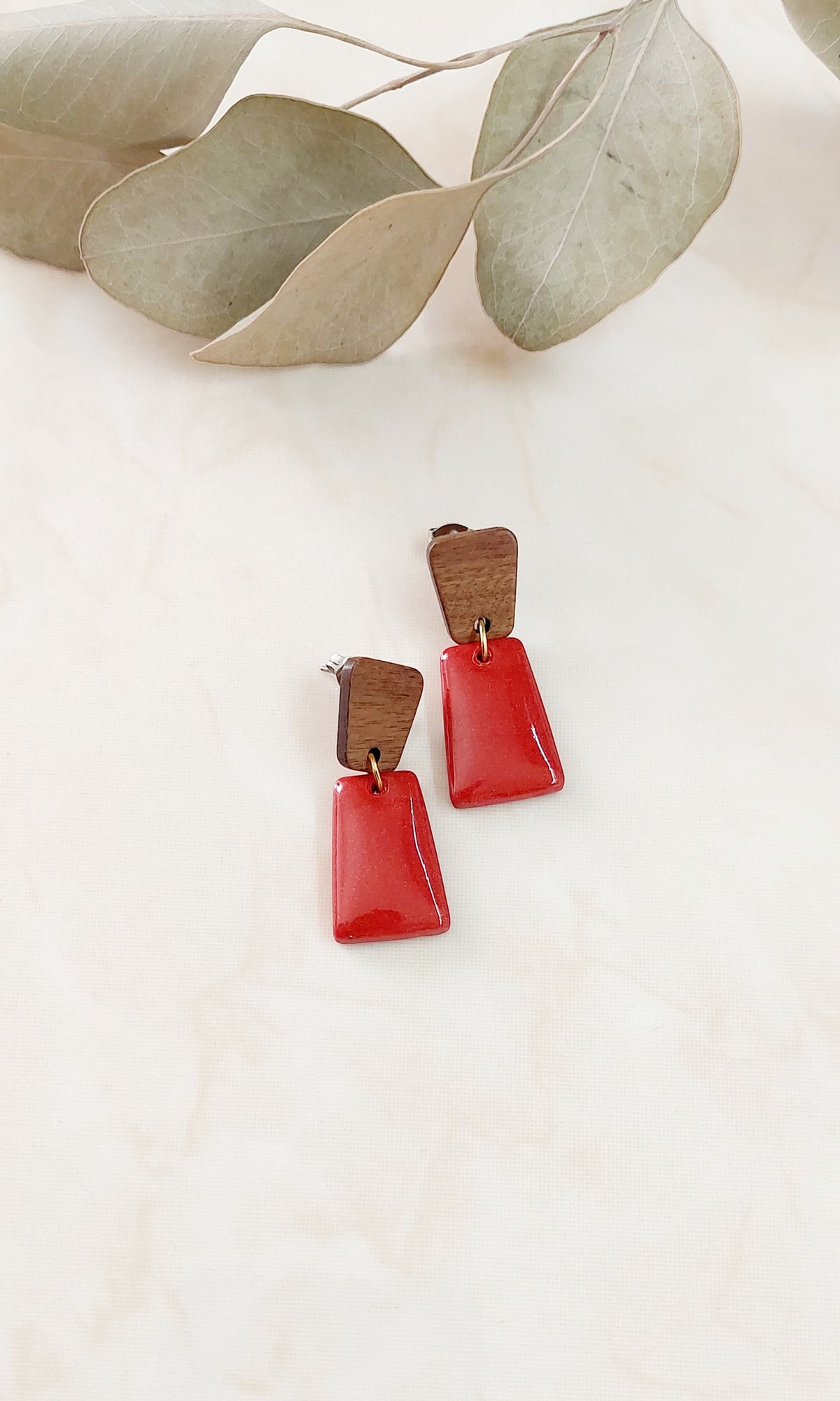 Dangle Polymer Clay Earrings- Red With Golden Sparkle & Wood