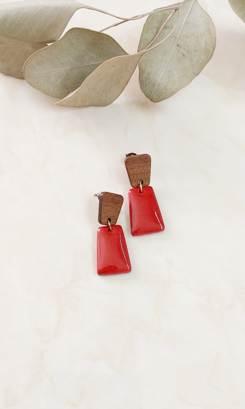 Dangle Polymer Clay Earrings- Red With Golden Sparkle & Wood