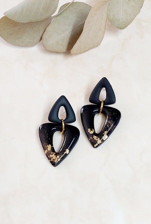 Dangle Polymer Clay Earrings- Black & Gold