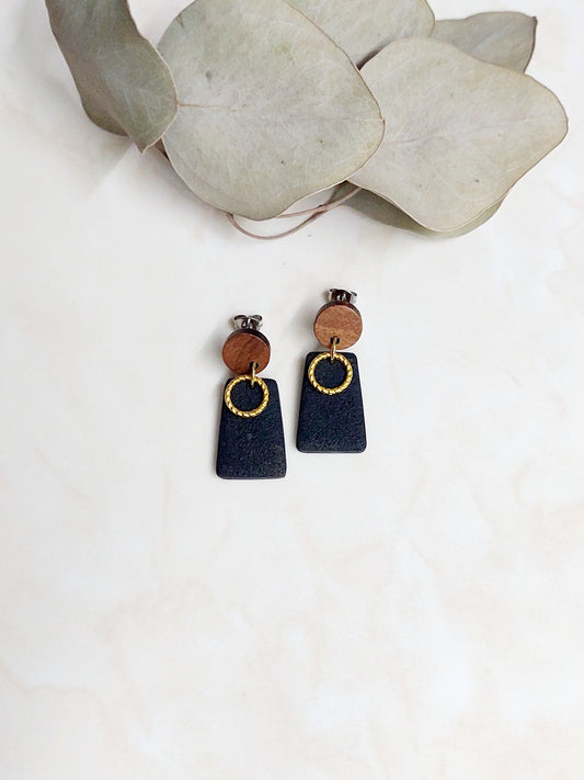 Handmade Dangle Polymer Clay Earrings- Black With Golden & Wooden Accents