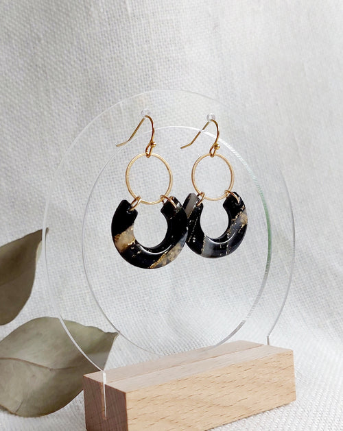 Handmade Polymer Clay Earrings - Black and grey With Gold Flake Accents