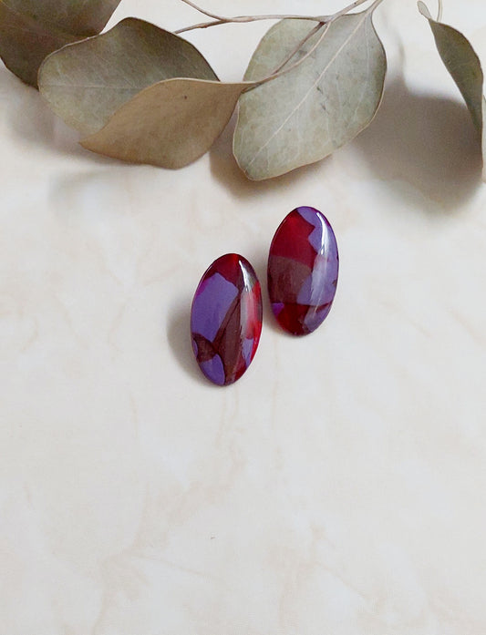 Oval Stud Polymer Clay Earrings- Red, Purple & Shiny Cocoa