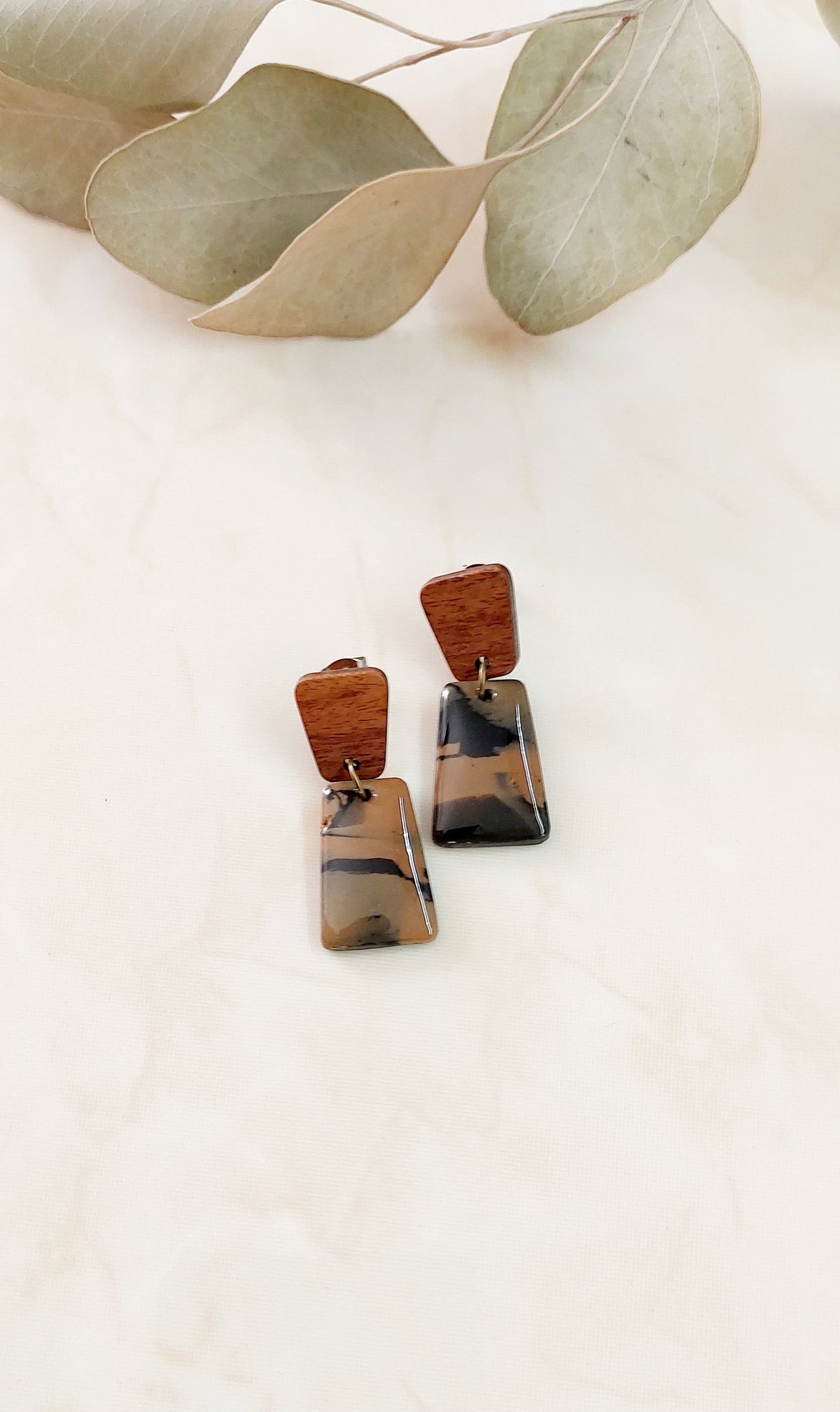 Dangle Polymer Clay Earrings-Brown & Black With Golden Sparkle With Wood