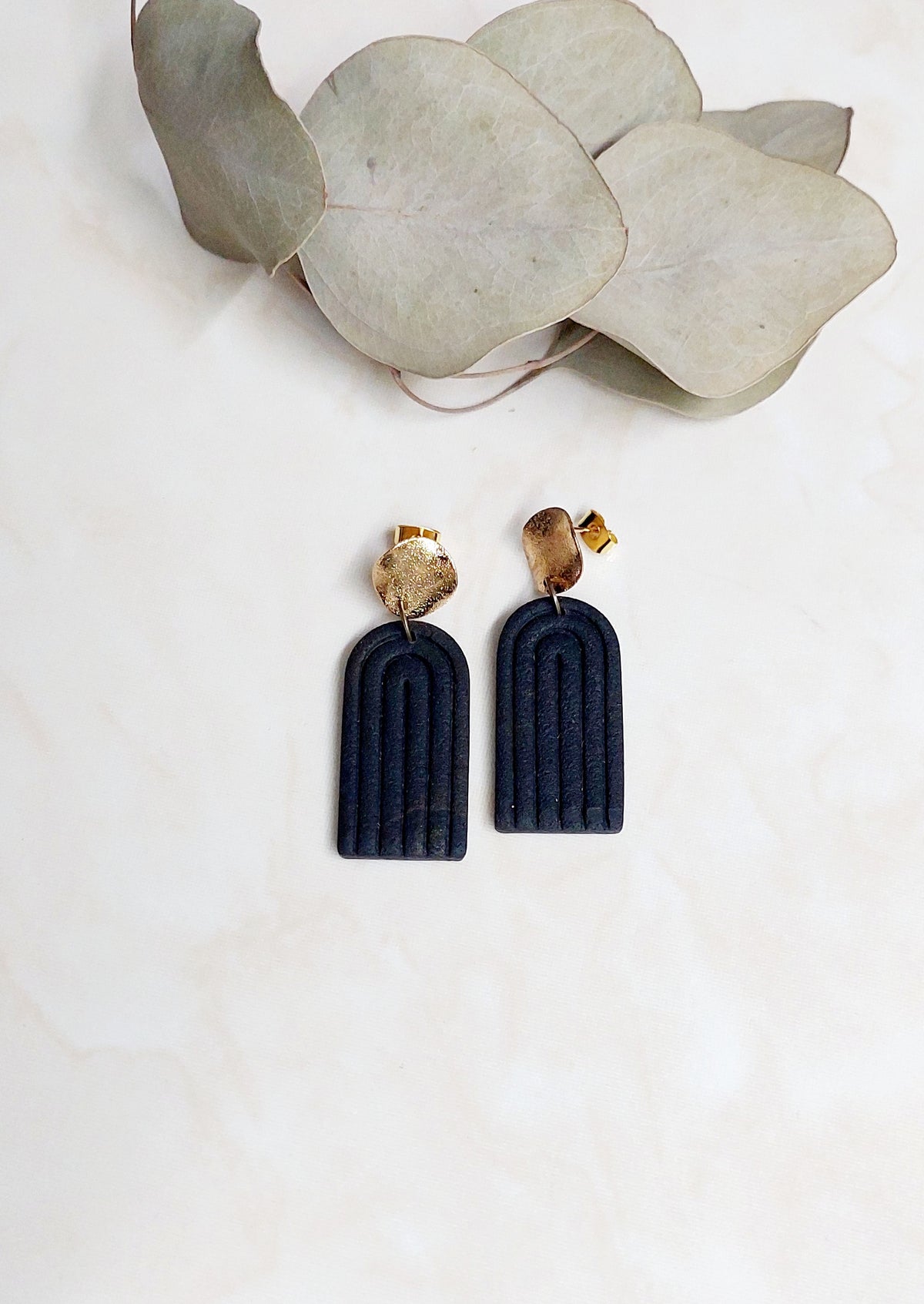 Handmade Dangle Polymer Clay Earrings- Black With Golden Accents