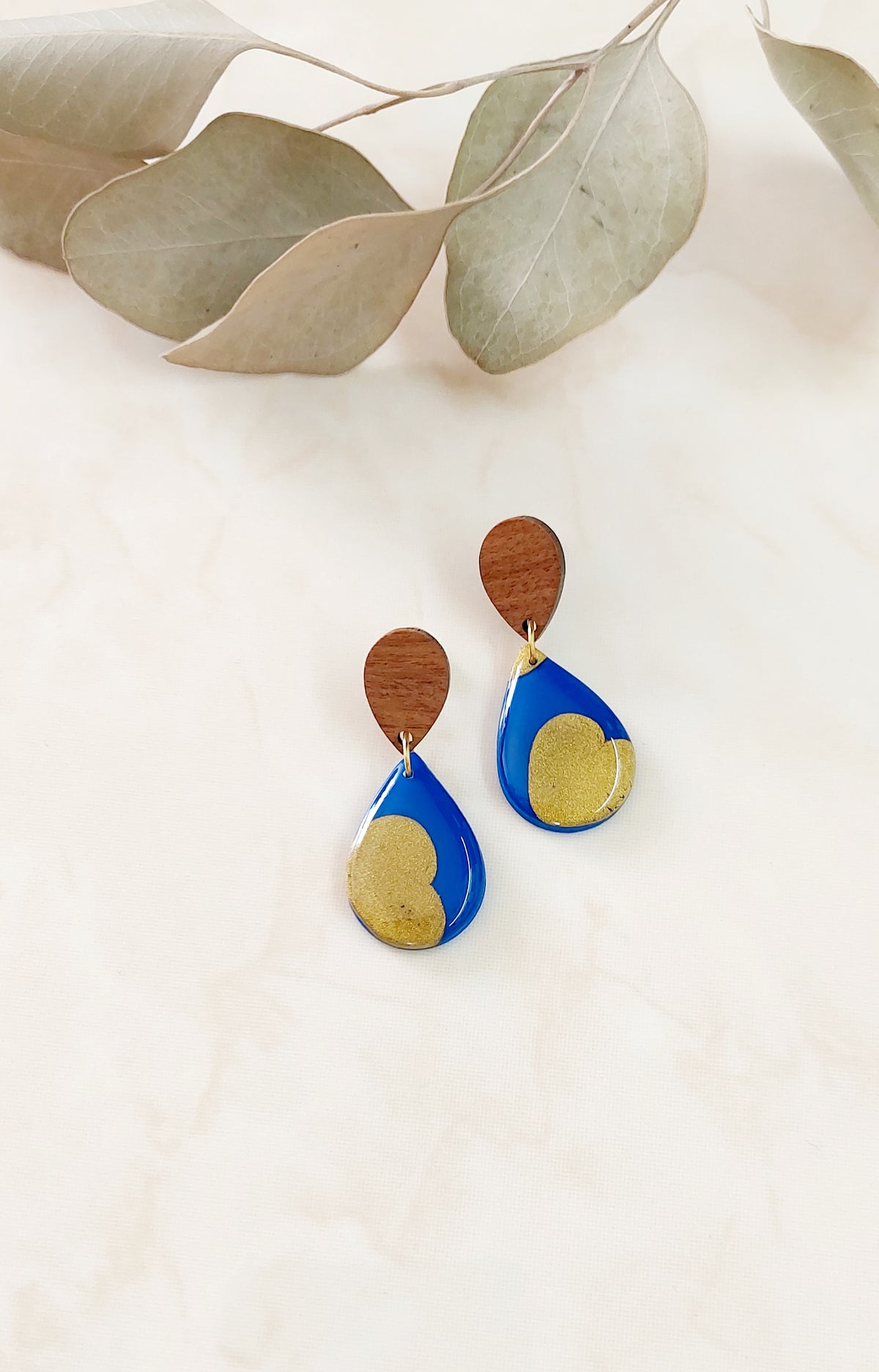 Dangling Drop Shape Polymer Clay Earrings- Blue & Gold With Wood