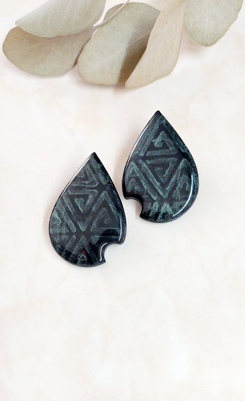 Drop Shape Polymer Clay Stud Earrings- Black & Green