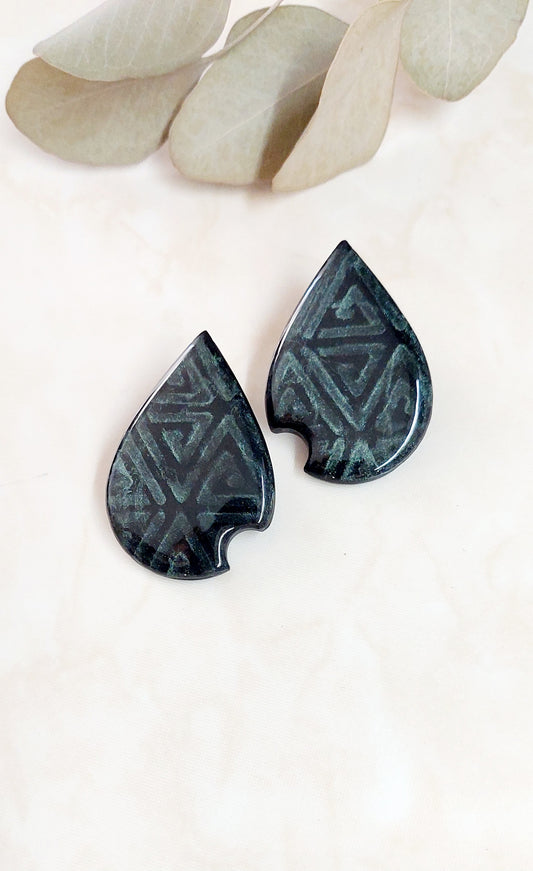 Drop Shape Polymer Clay Stud Earrings- Black & Green