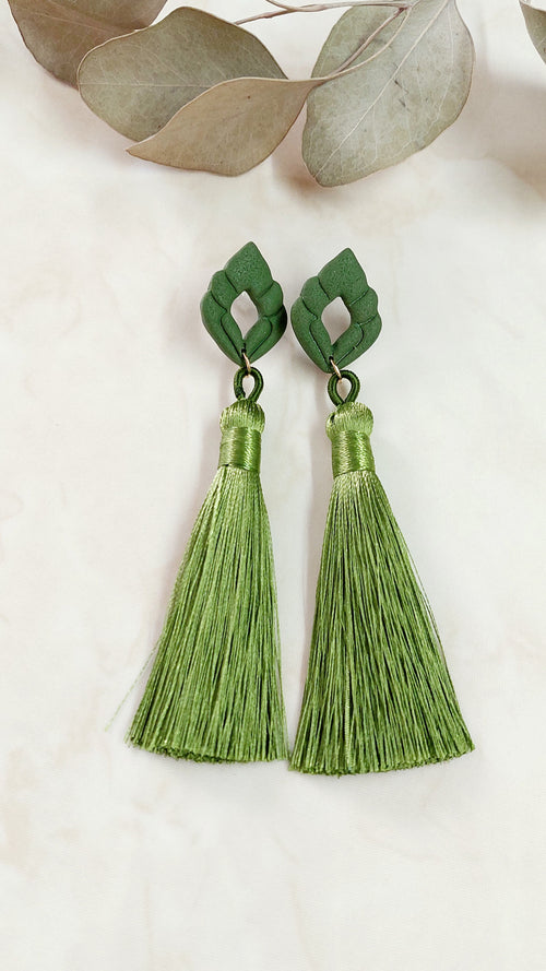 Handmade Polymer Clay Earrings With Silky Tassels- Green