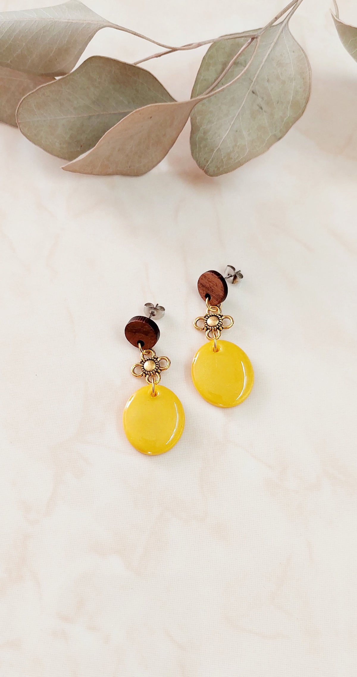 Dangle Polymer Clay Earrings- Yellow With Golden Accents & Wood