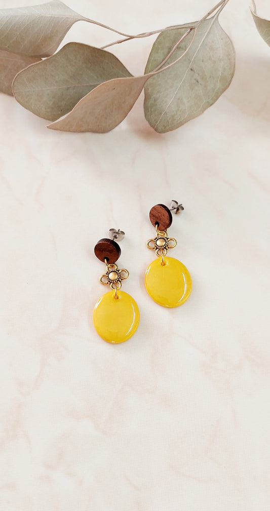 Dangle Polymer Clay Earrings- Yellow With Golden Accents & Wood